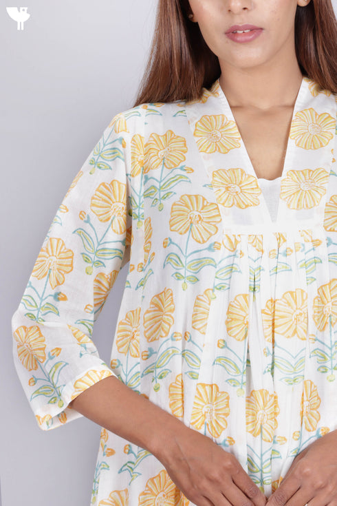 Mulmul Cotton Dress In Floral Block Print